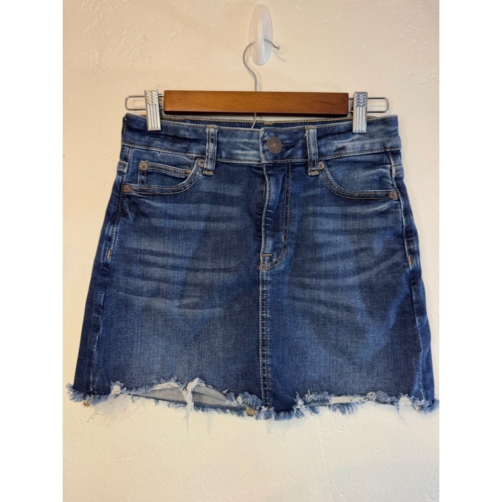 American Eagle Outfitters Dark Blue Denim Mini Skirt with Frayed Hem